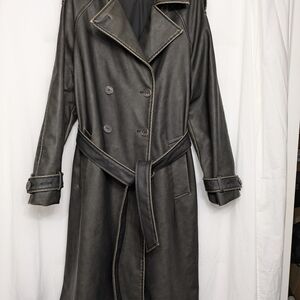 Zara Black Faux Leather Belted Trench Coat Size Small